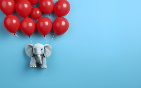 Elephant with red balloons on blue background. 3d illustration.の素材