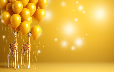 Giraffe with yellow balloons on yellow background. 3d illustrationの素材