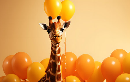 giraffe with orange balloons on yellow background with copy space.の素材