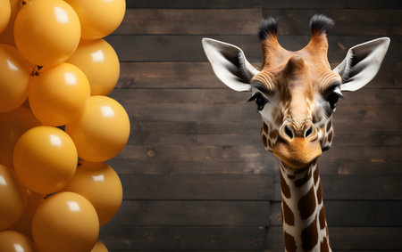 Giraffe head with yellow balloons on wooden background. Copy-space.の素材