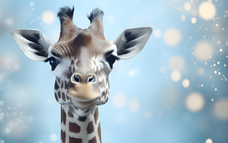 Portrait of a giraffe on a blue bokeh backgroundの素材