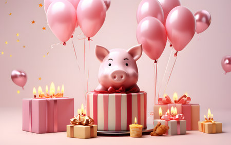 Piggy bank with gift boxes and pink balloons. 3D renderingの素材