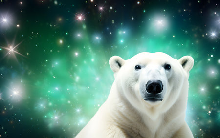 Image of polar bear against aurora borealis Space for textの素材