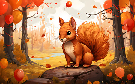 Autumn forest scene with squirrel in the forest illustration for children.の素材