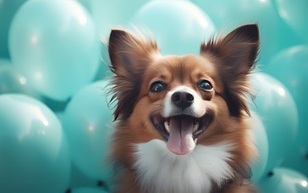 Portrait of a cute little dog on a background of blue balloonsの素材