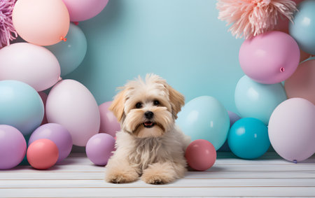 Cute little Maltese puppy sitting on the floor with colorful balloons.の素材