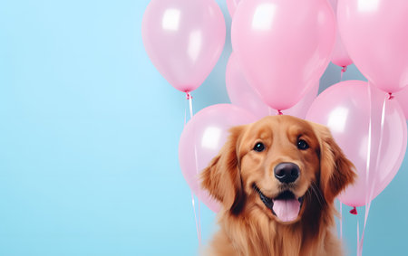 Cute Golden Retriever dog with pink balloons on blue backgroundの素材