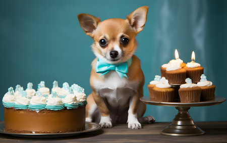Chihuahua dog with birthday cake and candles on blue backgroundの素材