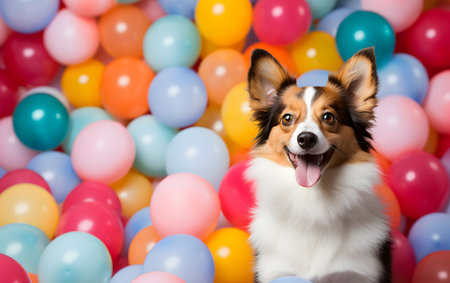 Cute border collie dog on colorful balloons background, close upの素材