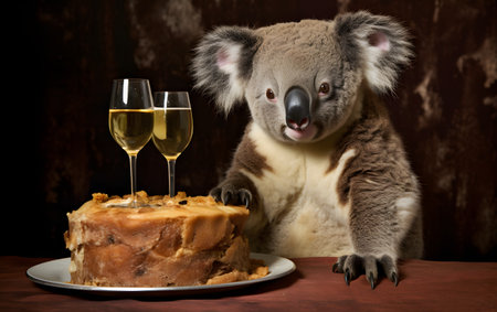 cute koala with champagne and cake on dark background, still lifeの素材