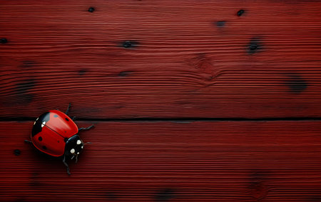 Red ladybug on a red wooden background with space for text.の素材