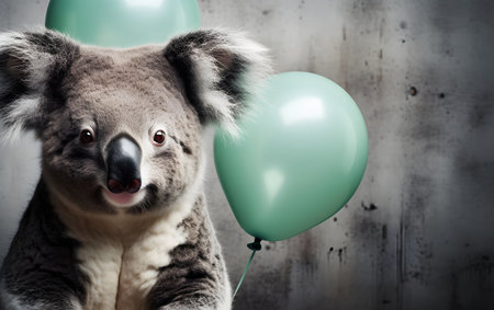 Cute koala with balloons on gray wall background, closeupの素材