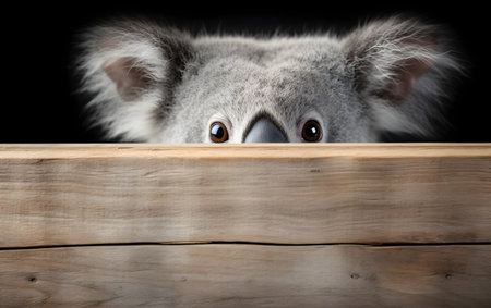 Koala in a wooden box on a black background, close-upの素材