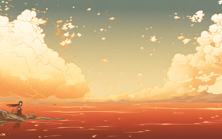 Fantasy landscape with a fairy flying over the sea. Vector illustration.の素材
