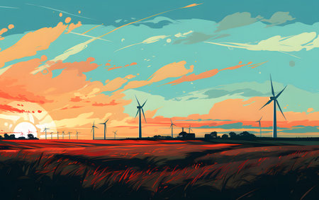 Wind turbines on the field at sunset. Ecological concept. Vector illustration.の素材