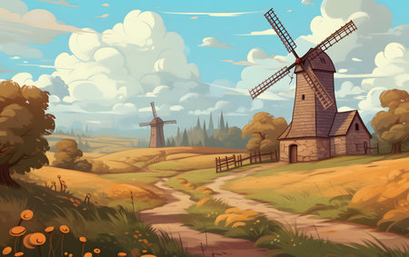 Cartoon countryside landscape with windmill. Rural scene with windmill.の素材