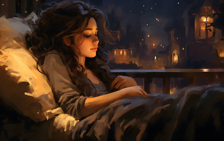 Young woman in bed at night. Picture in oil painting style.の素材