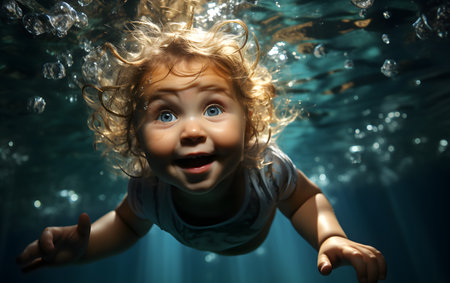 Portrait of a cute little girl underwater with splashes of waterの素材