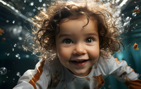 Little girl playing with soap bubbles on a dark background. Studio shot.の素材