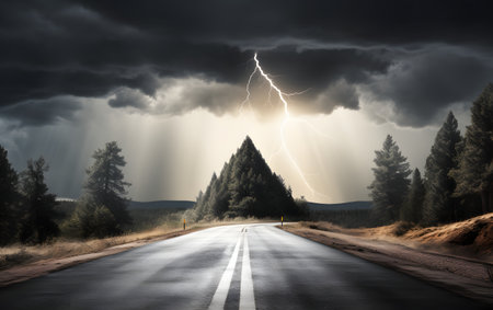 Stormy sky with lightning and asphalt road. 3d rendering.の素材