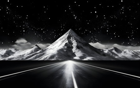Mountain road at night with stars in the sky. 3d renderingの素材