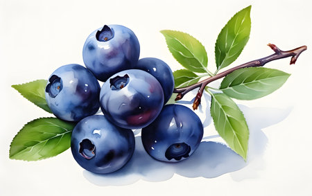 Blueberries with leaves on a white background. 3d illustration.の素材