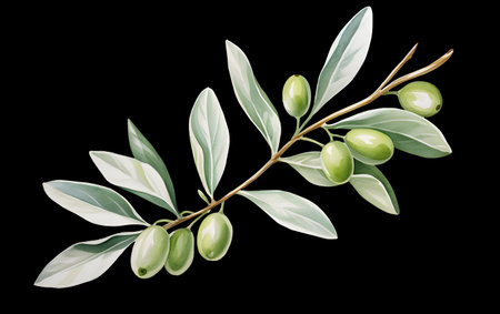 Olive branch with green olives isolated on black background. Vector illustration.の素材