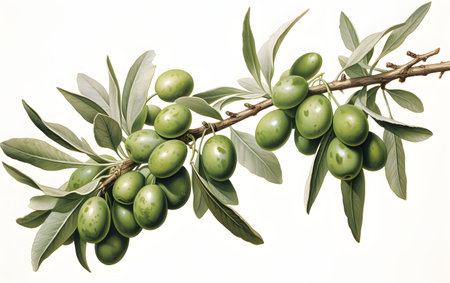 Olive branch with ripe green olives on a white background.の素材