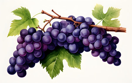 Illustration of a bunch of grapes with leaves on a white backgroundの素材