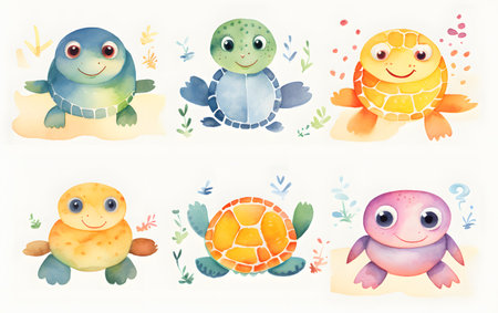 Cute watercolor turtle set. Hand drawn illustration isolated on white background.の素材