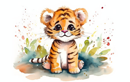 cute tiger. Watercolor illustration. Isolated on white background.の素材