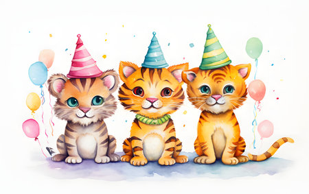 Cute kittens with party hats and balloons isolated on white background.の素材