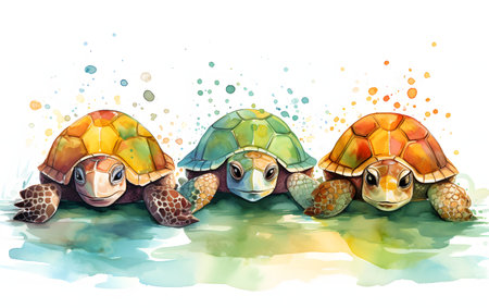 Watercolor illustration of a group of four turtles on white background.の素材