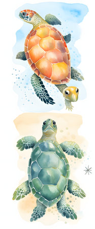 Watercolor illustration of a sea turtle with two fishes on a white backgroundの素材
