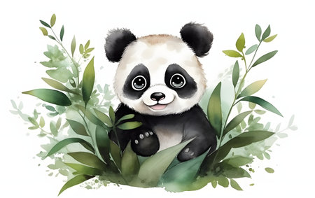 Cute panda bear sitting in green leaves, watercolor illustrationの素材