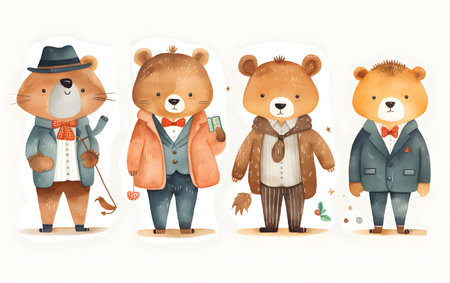 Set of cute bears in vintage style. Hand drawn vector illustration.の素材