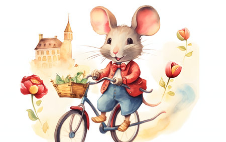 Cute cartoon mouse riding a bicycle with a basket of tulips.の素材