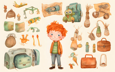 Hand drawn illustration of a little boy with a set of travel itemsの素材