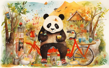 Panda in the forest. Cute cartoon panda sitting on a bicycle.の素材