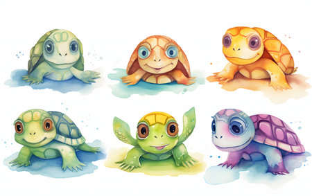 set of cute cartoon turtles on a white background. watercolor illustrationの素材