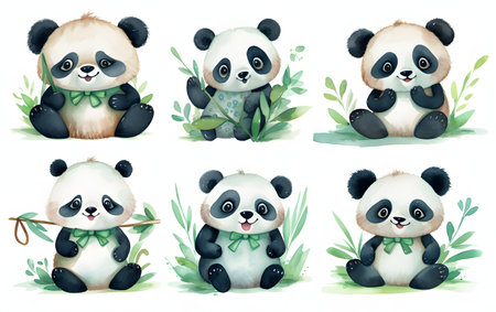 Set of cute panda bears with green leaves. Watercolor illustrationの素材