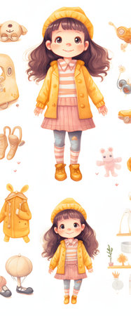 Seamless pattern with cute little girl in autumn clothes. Watercolor illustration.の素材