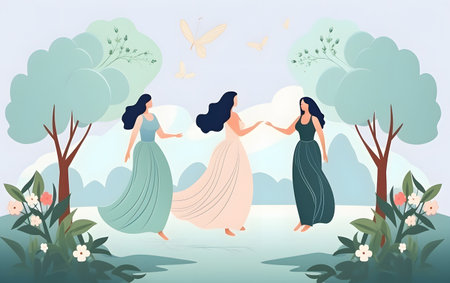 Vector illustration of three beautiful girls walking in the park. Spring landscape.の素材