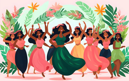 Happy African American women dancing in tropical park. Vector cartoon illustration.の素材