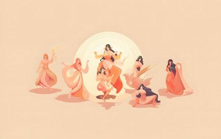 Vintage style illustration of a beautiful woman in a colorful dress.の素材