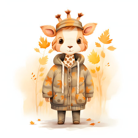 Cute cartoon giraffe in autumn forest. Vector illustration for your designの素材