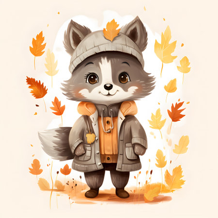 Cute cartoon fox with autumn leaves. Vector illustration of a little fox.の素材