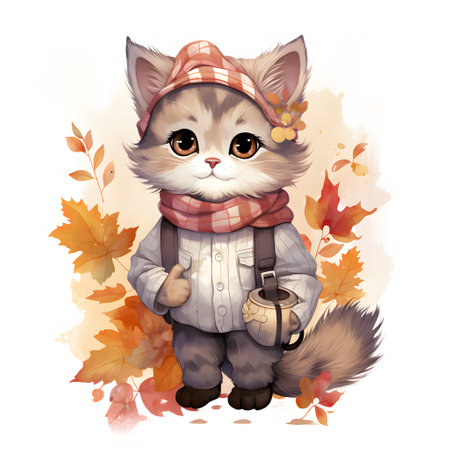 Cute kitten in a hat with a scarf on an autumn backgroundの素材