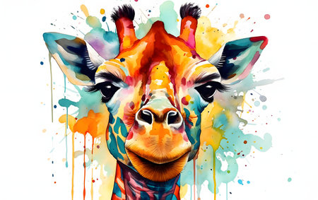 Giraffe head with colorful watercolor splashes on white backgroundの素材