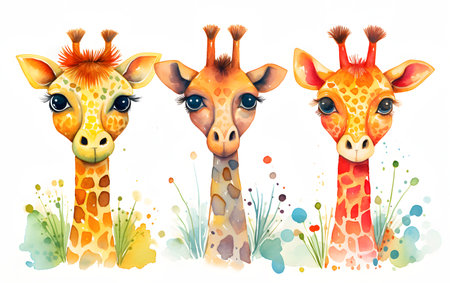 Cute cartoon giraffes on white background. Watercolor illustrationの素材